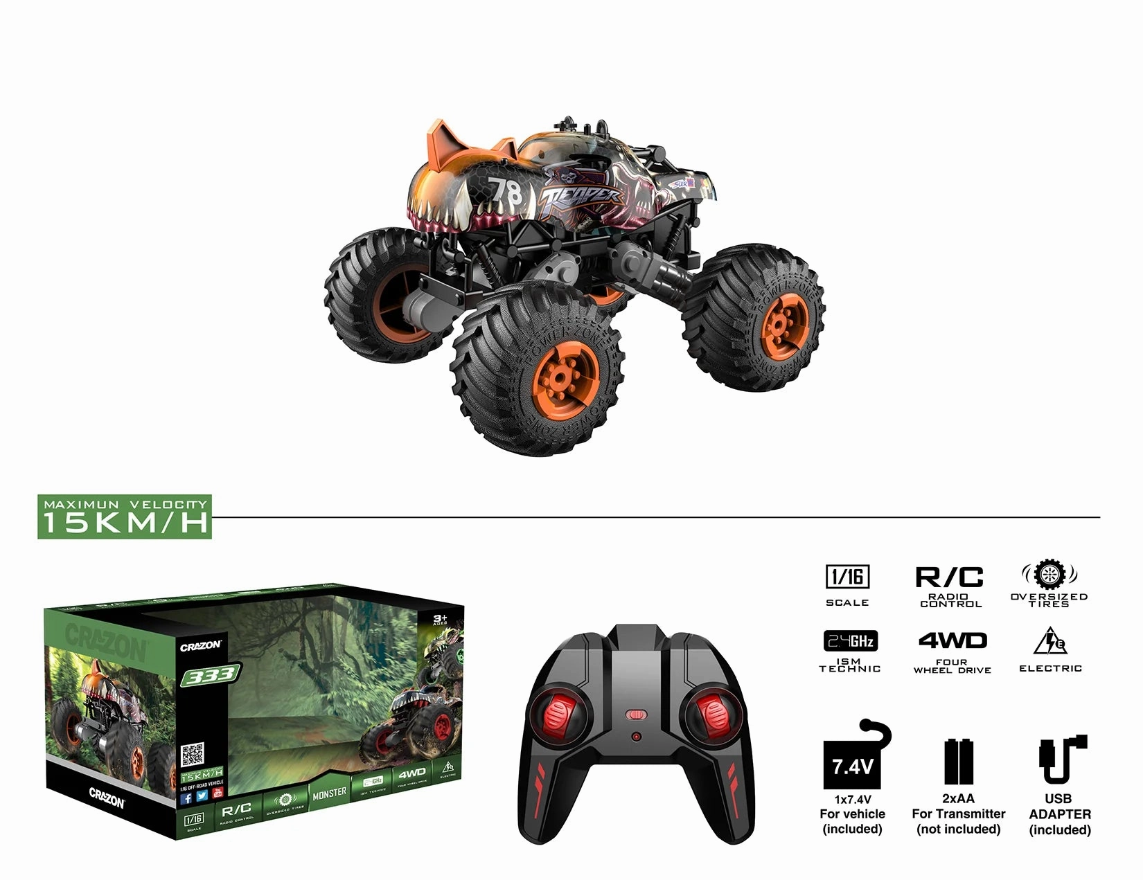 Big Wheel Off-Road Dinosaur Rc Monster Truck - Orange Early discovery Little learners