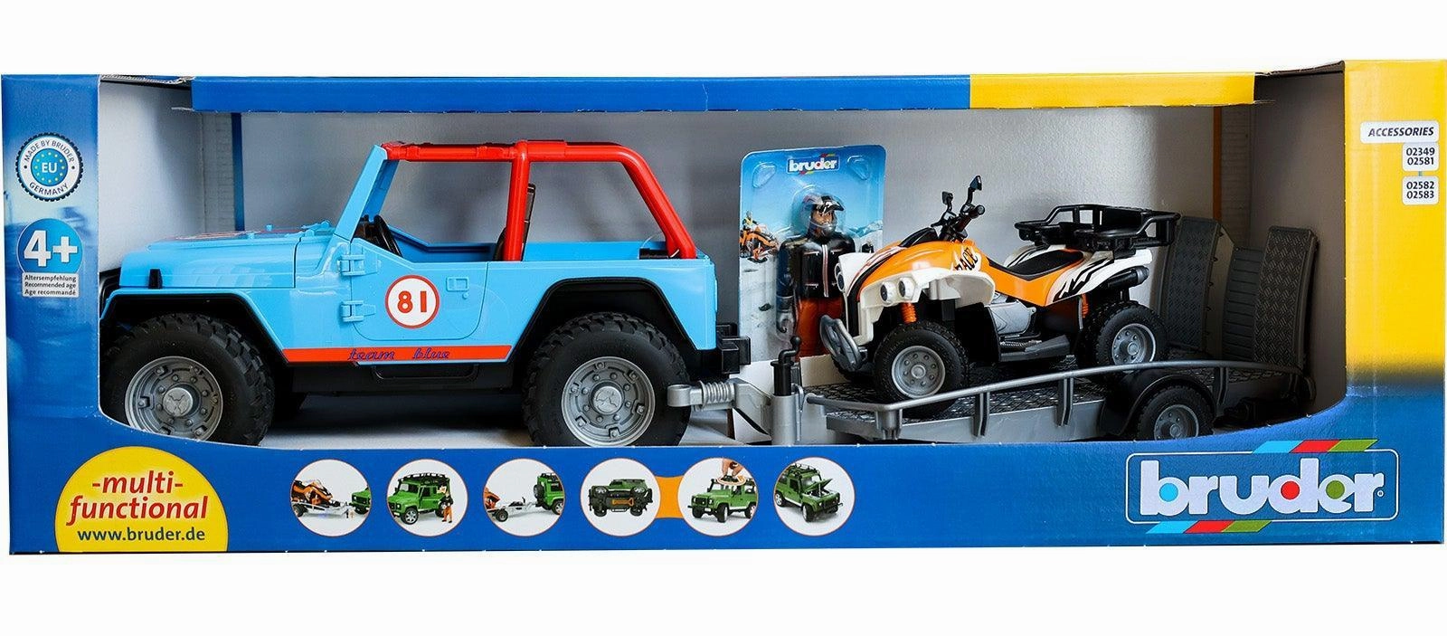 Bruder Blue Jeep Racing Car With Trailer, Quad Bike And Driver Everyday learning Holistic
