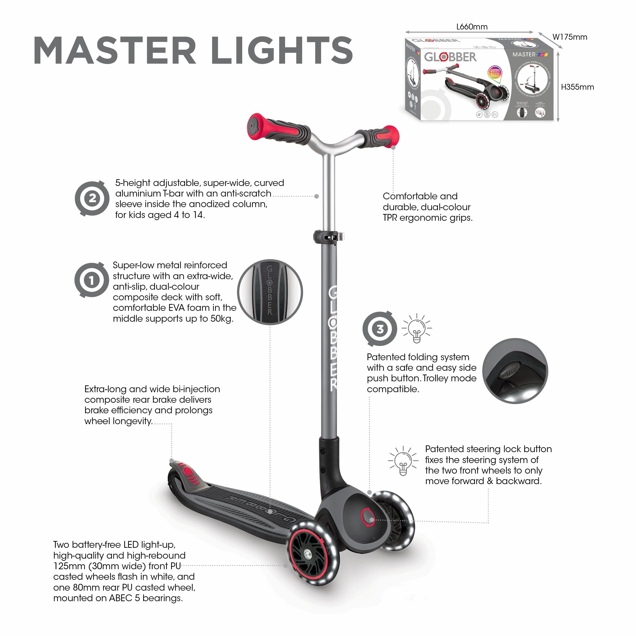 Globber Master Lights Foldable Scooter - Pink (4 - 14Y) Creative kids Smart & fun