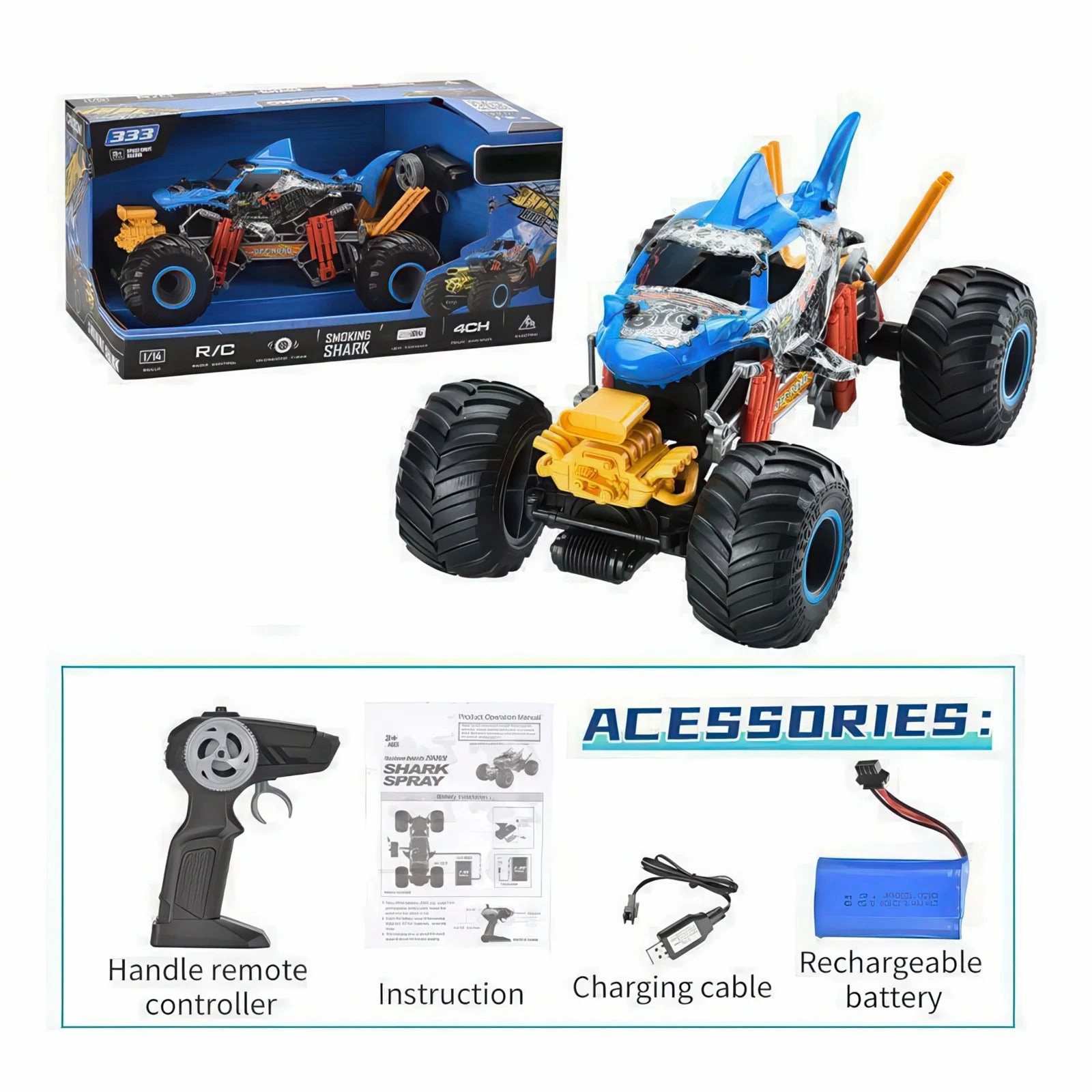 Playroom learning Creative time for curious minds Spraying 'Smoking Shark' Off-Road Remote Controlled Rc Muscle Monster Truck