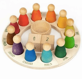 Joyful learning Fun for curious minds Wooden Rainbow Perpetual Calendar With Peg Figures