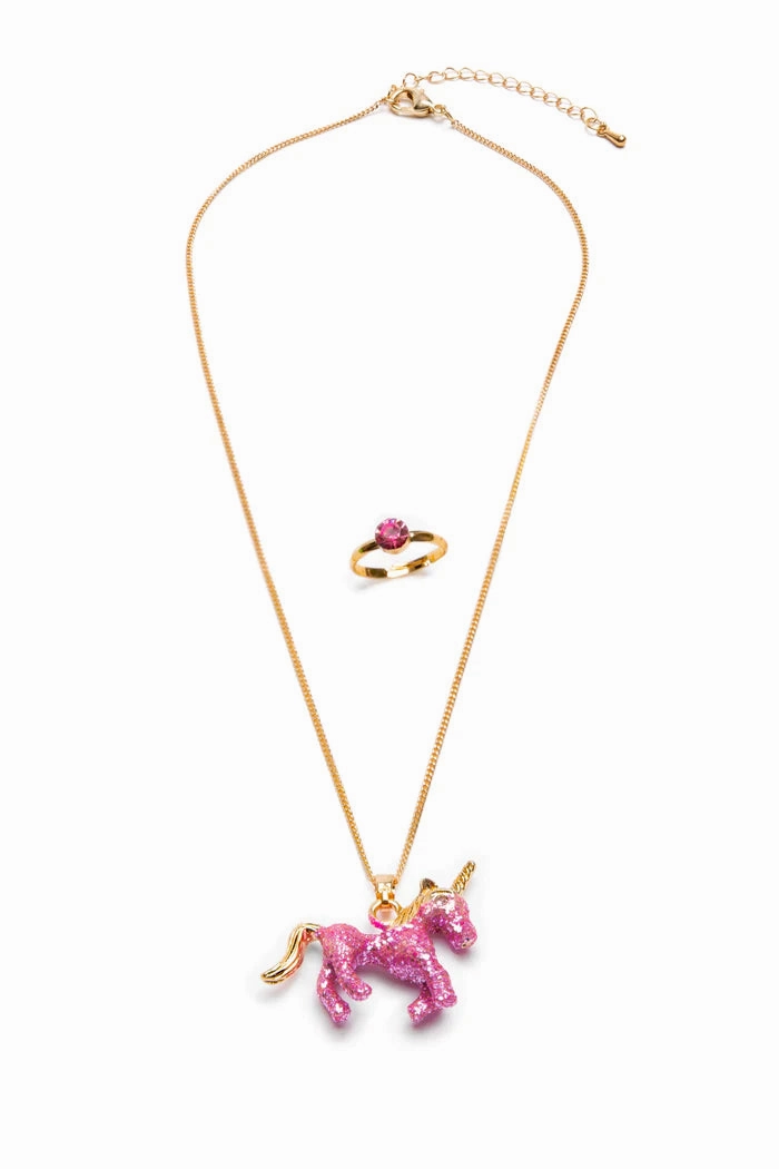 Young learners Glitter Pink Unicorn Necklace & Ring Set