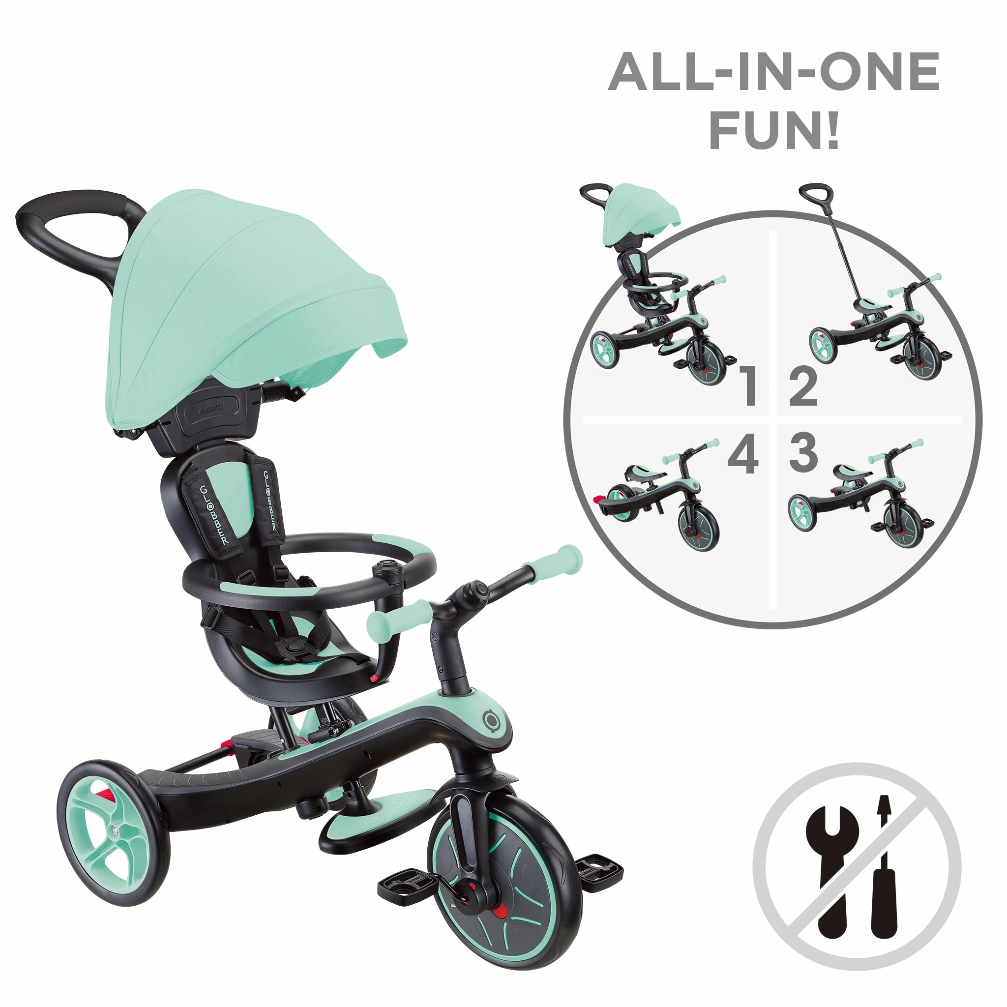 Tools for tiny thinkers Mindful play Globber Explorer Trike 4-In-1 - Mint (New Canopy, New Handlebar, New Handlegrip Skin) (10M - 5Y)