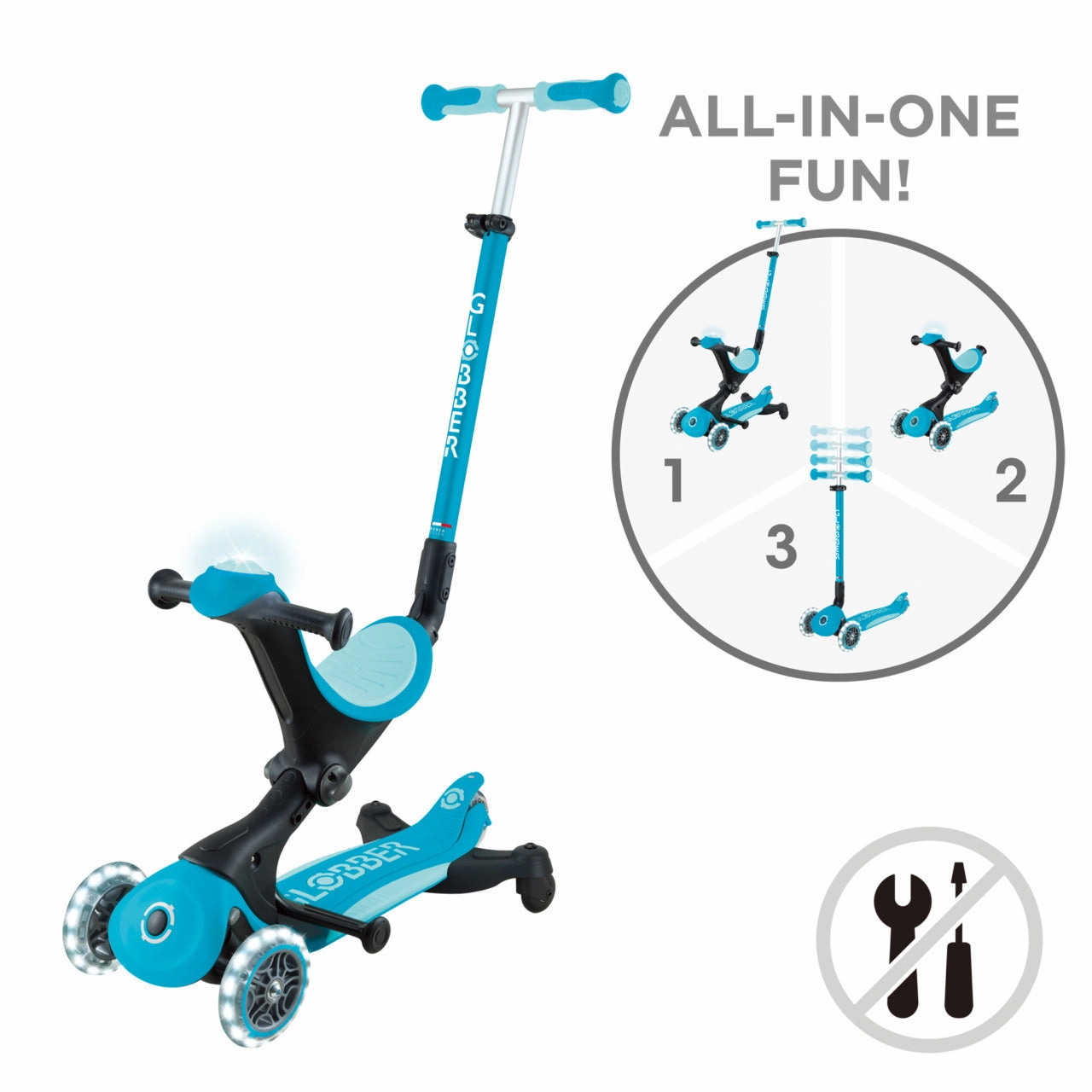 Globber Go Up Deluxe Lights 360 Foldable Scooter - Aqua (15M - 9Y ) Preschool minds Young minds at work