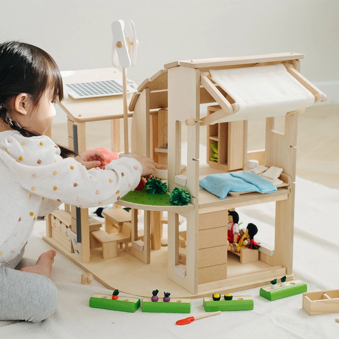 Creative time for curious minds Green Wooden Dollhouse With Furniture