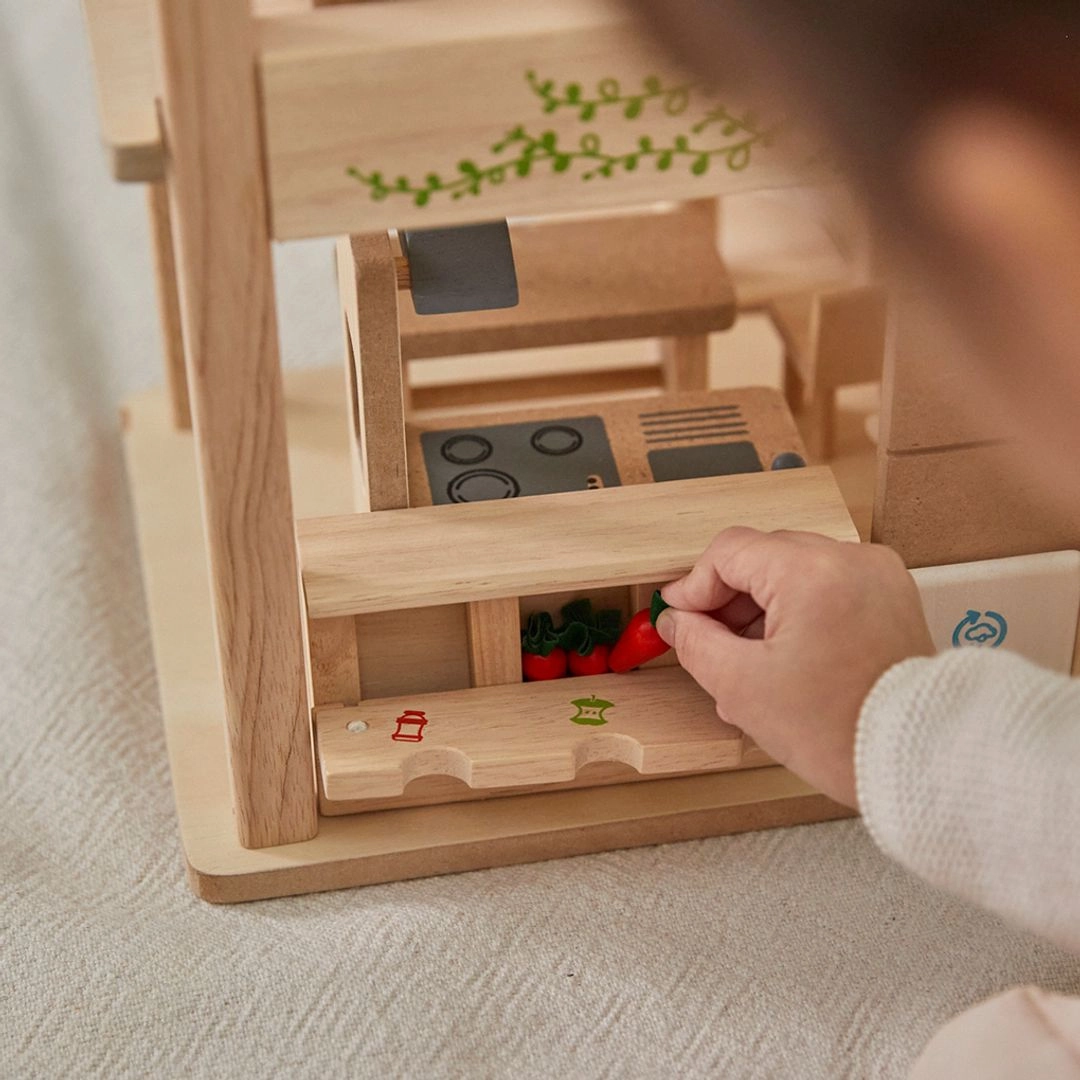 Green Wooden Dollhouse With Furniture Young learners
