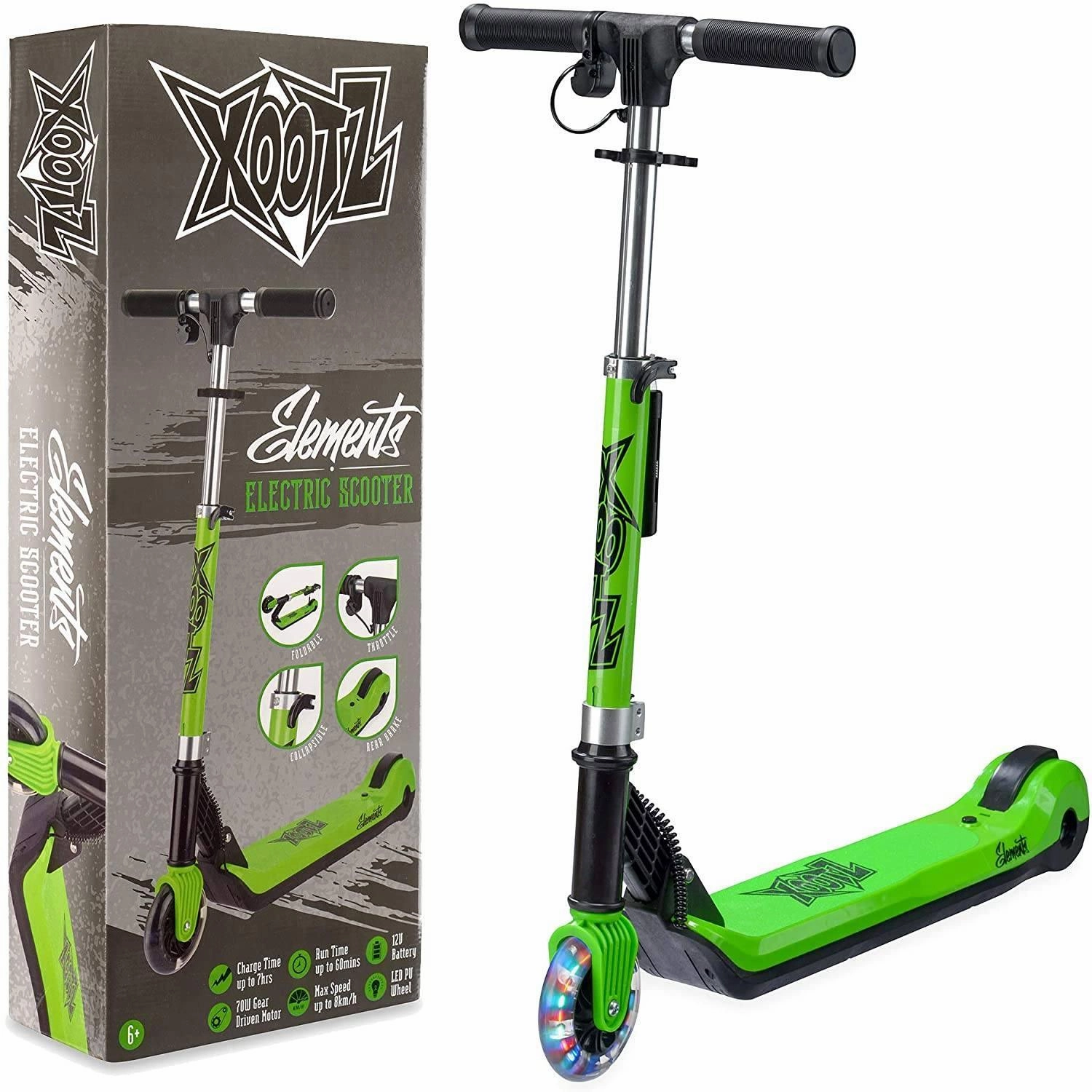 Early learning Xootz Kids Electric Scooter Folding With Led Light Up Wheel - Green