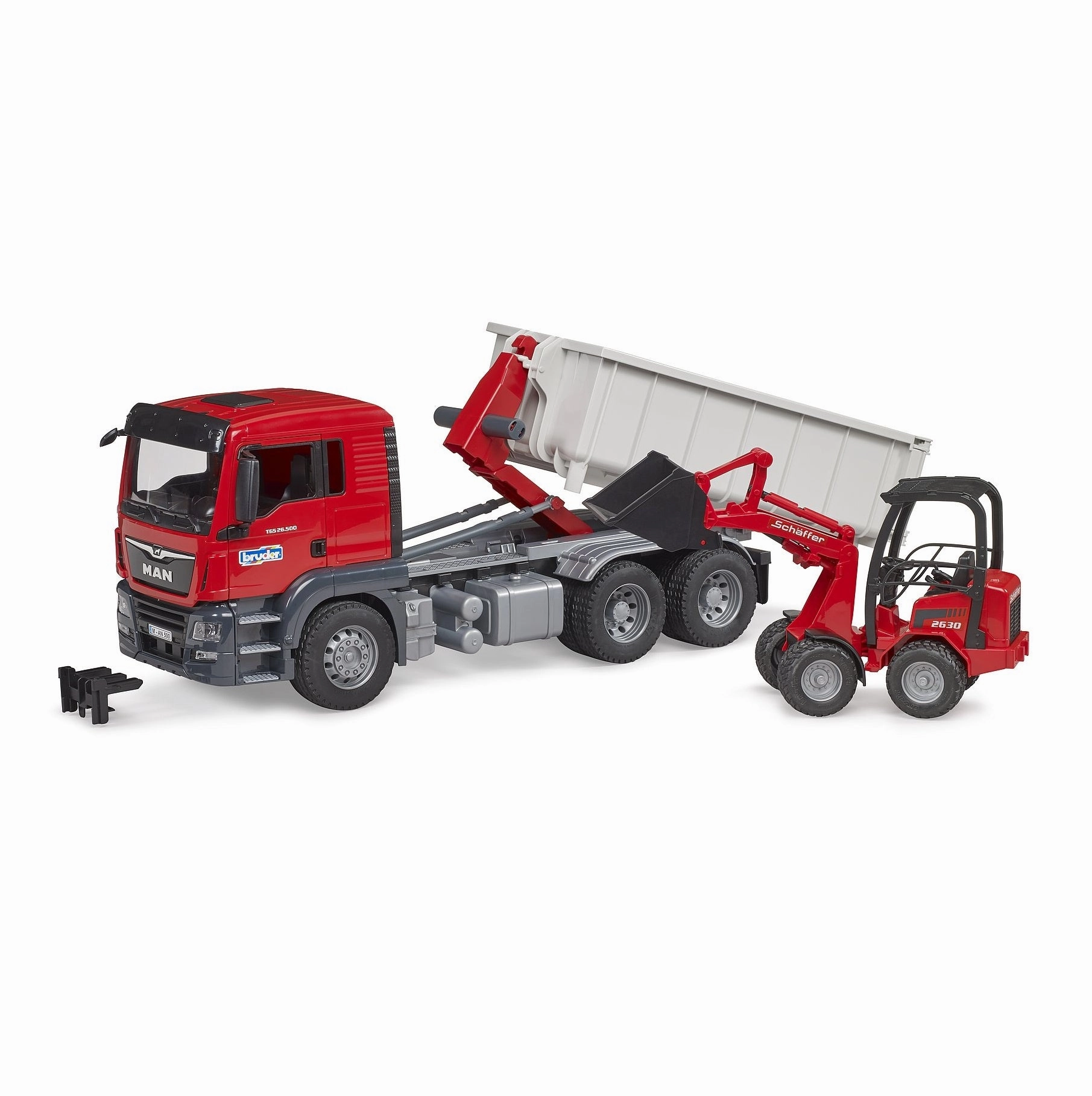Learning through play Inspiring creativity Man Truck With Roll-Off Container & Schaeff Compact Loader