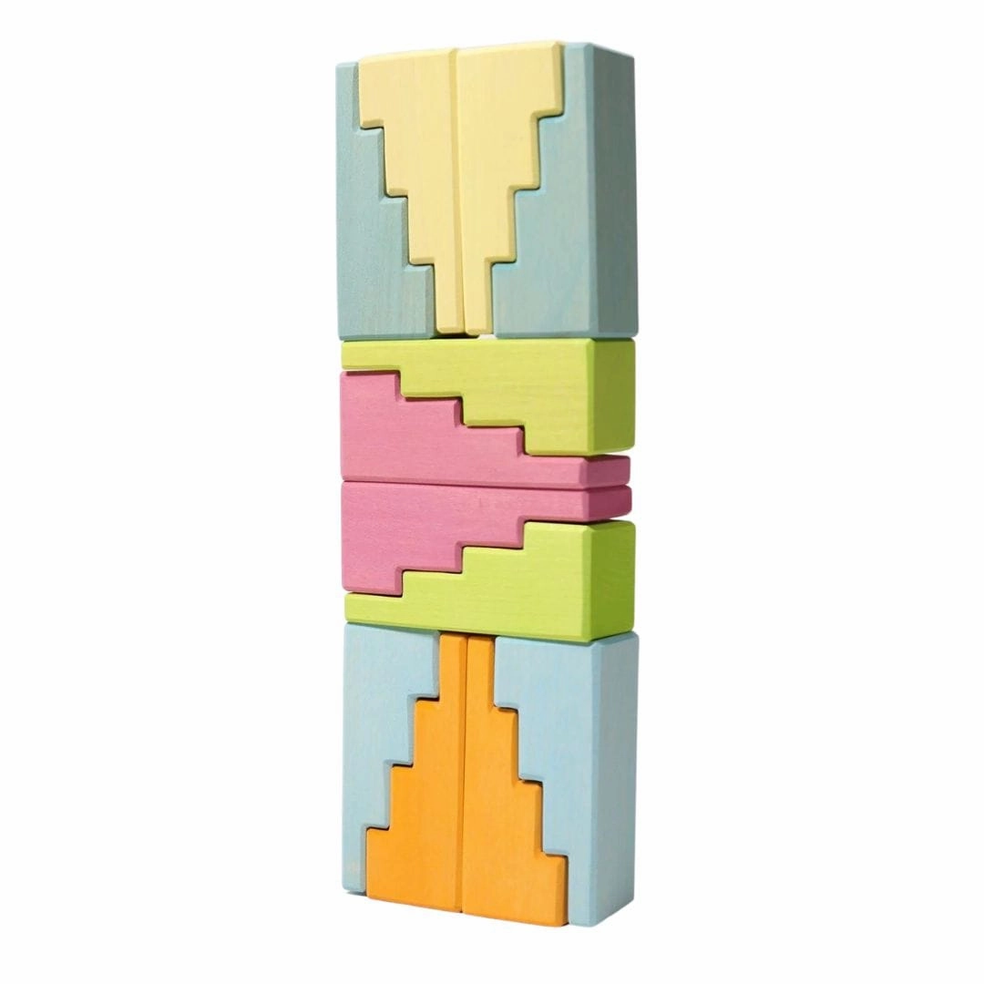 Wooden Stepped Roofs Building Blocks Set - Pastel Early discovery