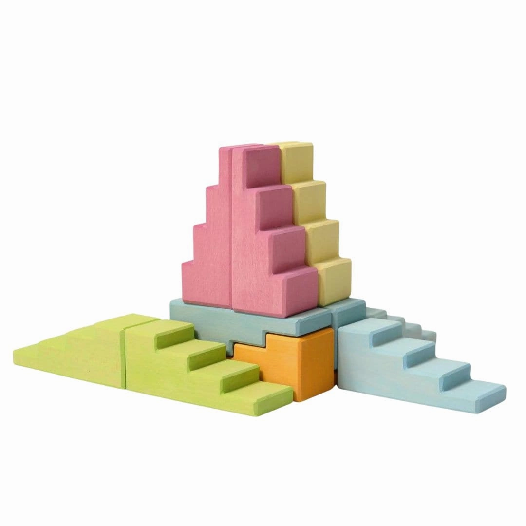 Young minds at work Wooden Stepped Roofs Building Blocks Set - Pastel