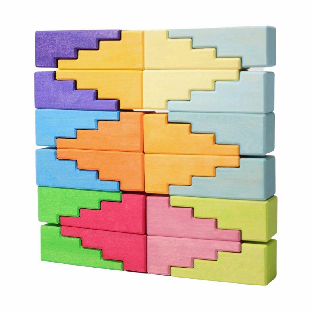 Mini makers Wooden Stepped Roofs Building Blocks Set - Pastel