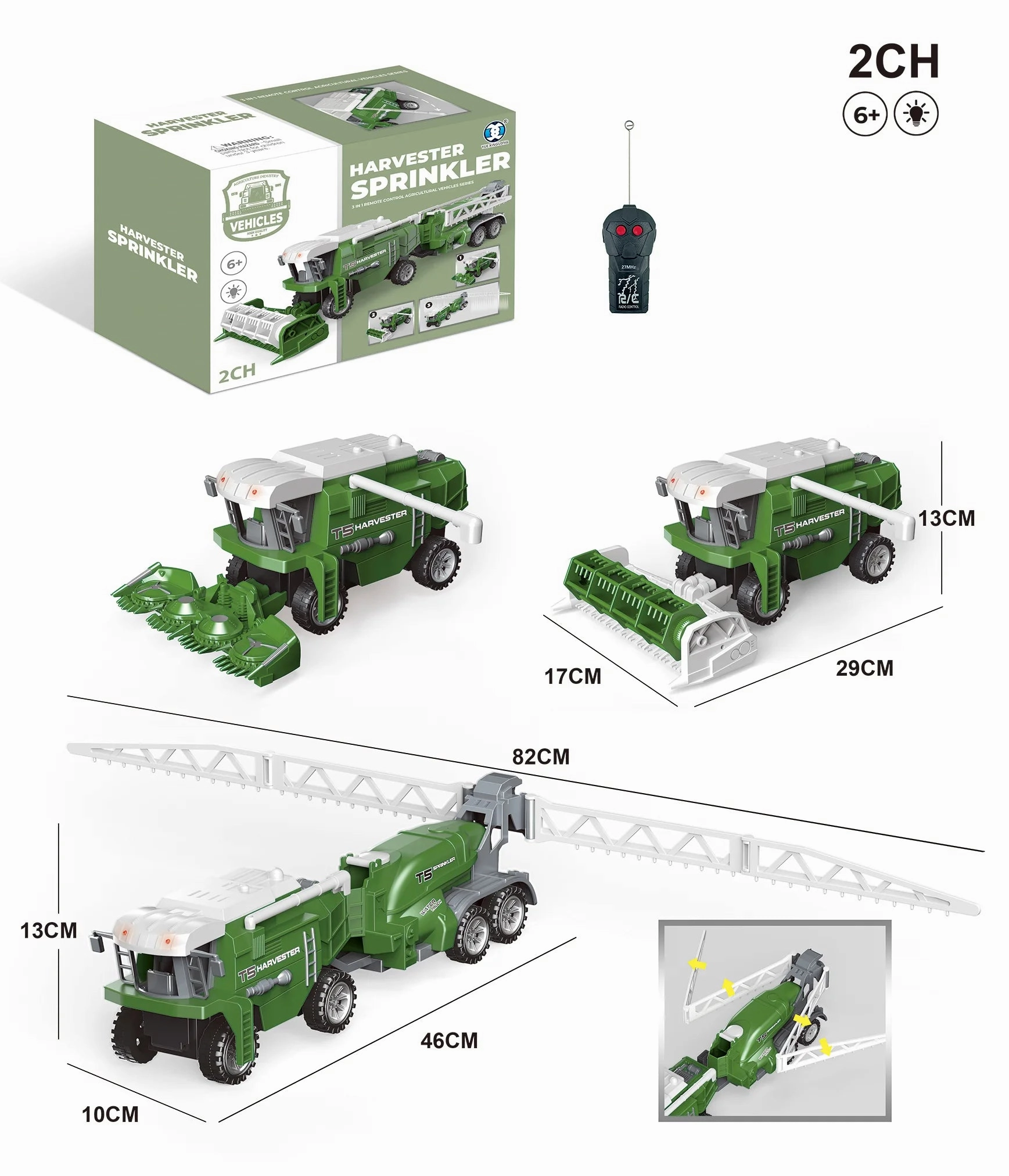 Designed for development Remote Controlled Rc 2-Channel Harvester With Trailer Sprinkler