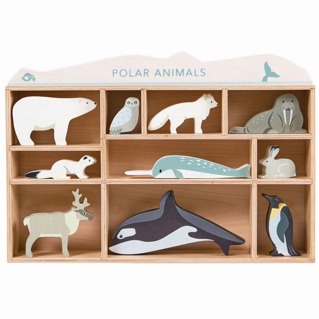 Wooden Polar Animal Figures And Display Case Young learners Happy hands