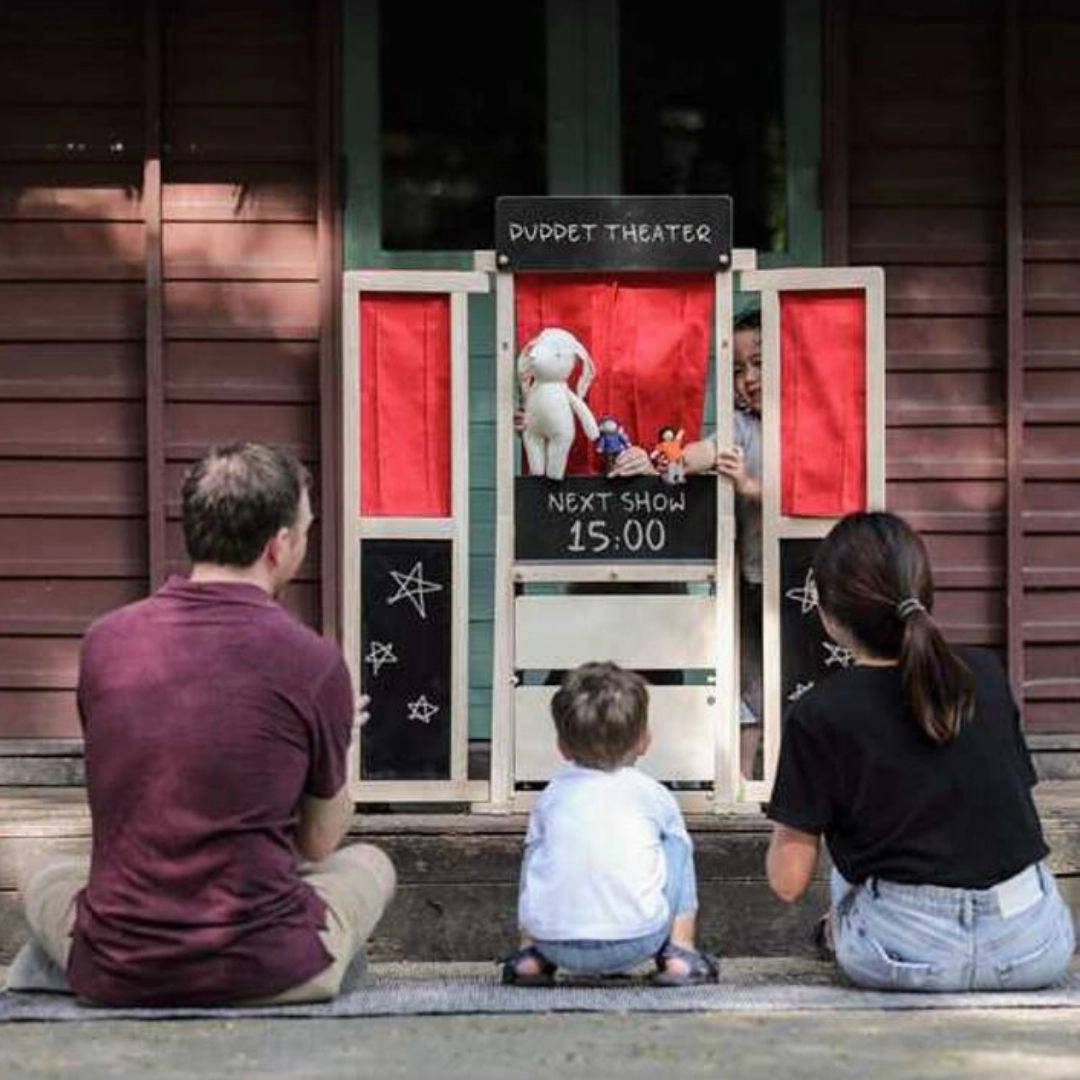 Wooden Puppet Theater & Play Market Stand Kid-centered learning Playroom adventures begin here